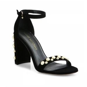 Stuart Weitzman More Pearls Studded Block Heel Sandals